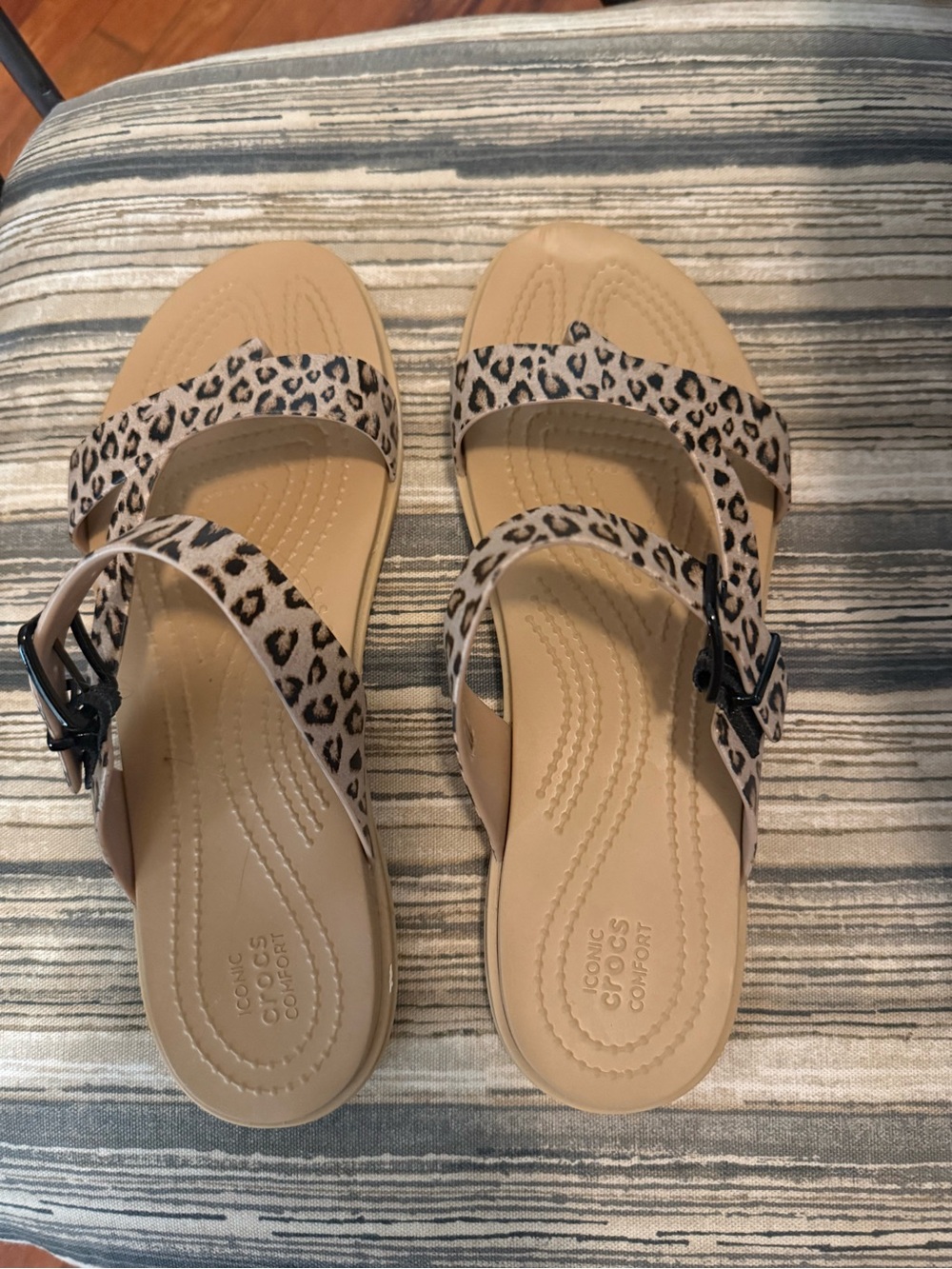 CROCS Leopard Print Double-Strap Sandals - Beige/Tan
